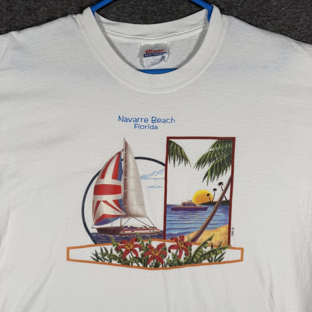 Vintage Navarre Beach Florida T Shirt Mens Large White Sailboat Sunset Palm Tree